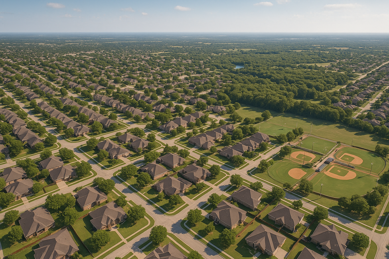 An aerial view of a residential area with a baseball field in the middle.