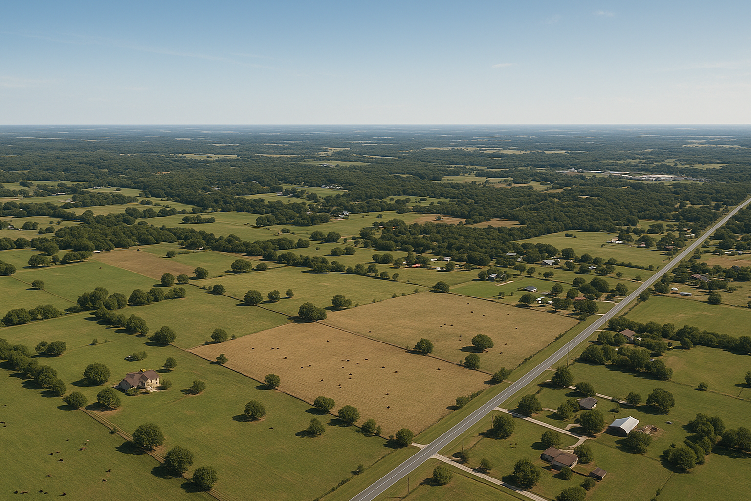 An aerial view of a residential area with a lake in the background.