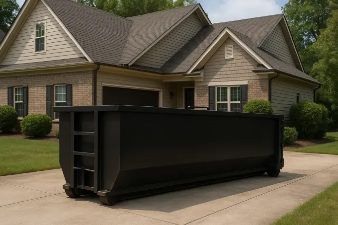 A dumpster is parked in front of a blue house covered in snow.