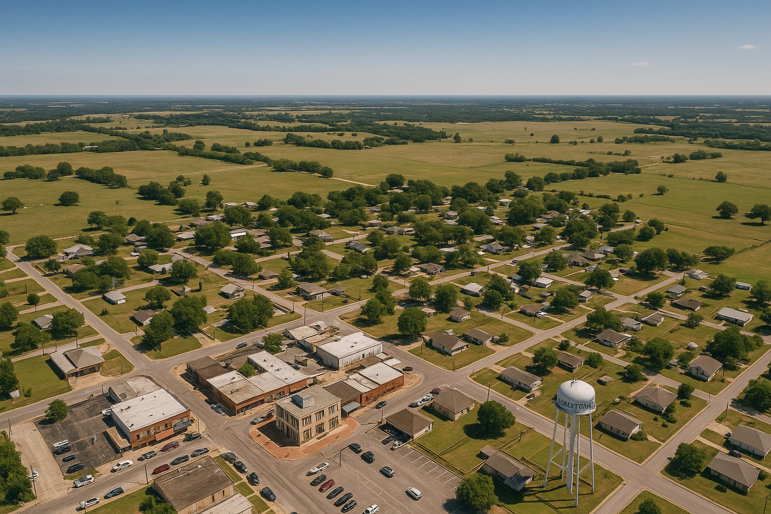 An aerial view of a small town with a lake in the background.