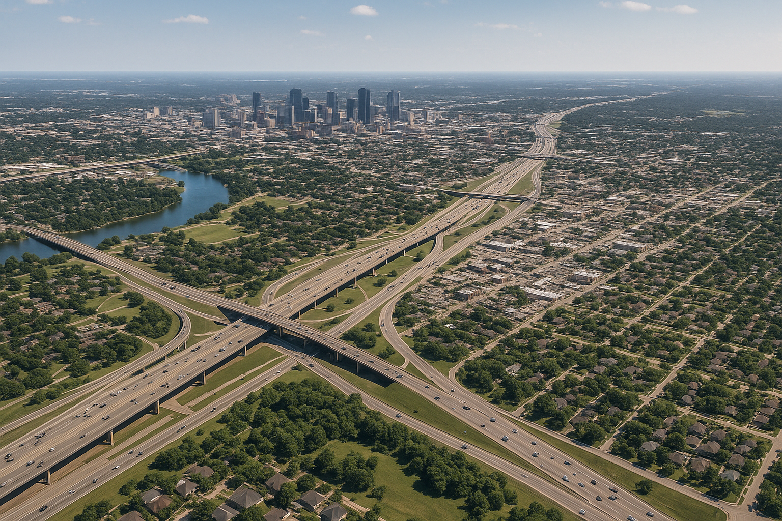 An aerial view of a residential area with a highway and a baseball field.