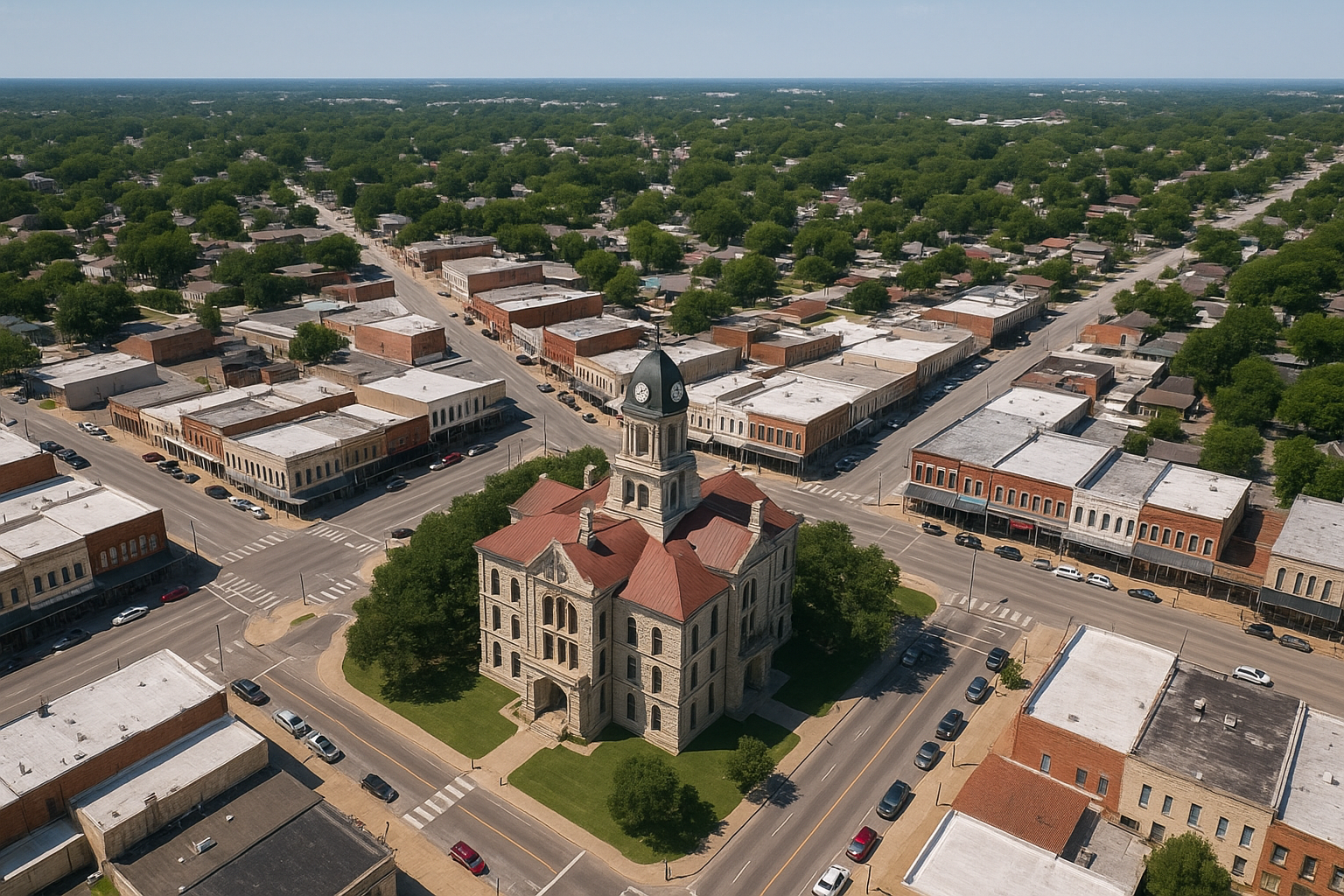 An aerial view of a small town with a lake in the background.