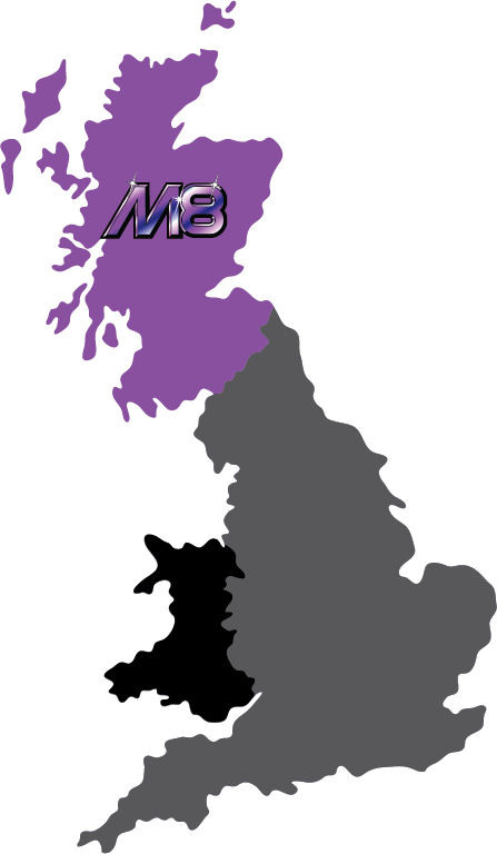 Map of Great Britain. Scotland is purple, Wales is black, and England is gray. 