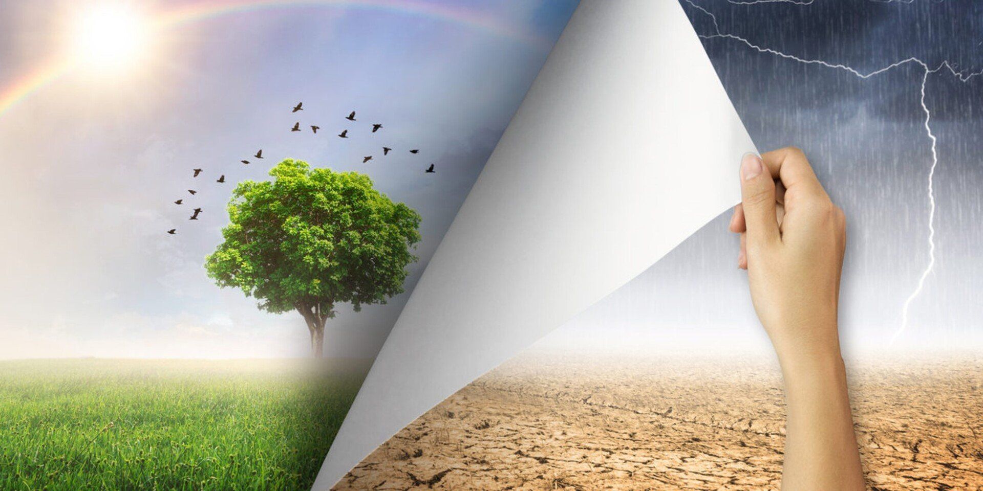 A hand peels back a corner to reveal a drought and storm, in contrast to a sunny, green landscape.