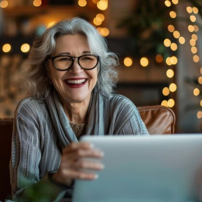 older professional smiling at laptop