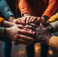 Hands of diverse individuals joined together in a pile, symbolizing unity.