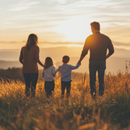 Family holding hands, walking into a sunset over a field.