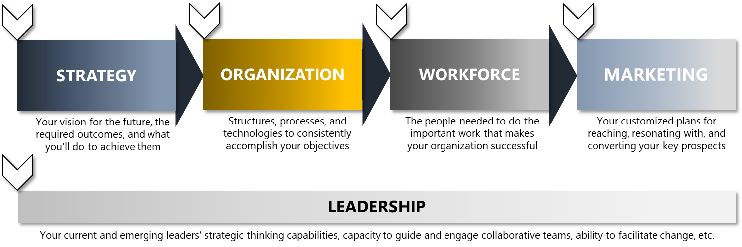 A diagram showing strategy organization workforce marketing and leadership