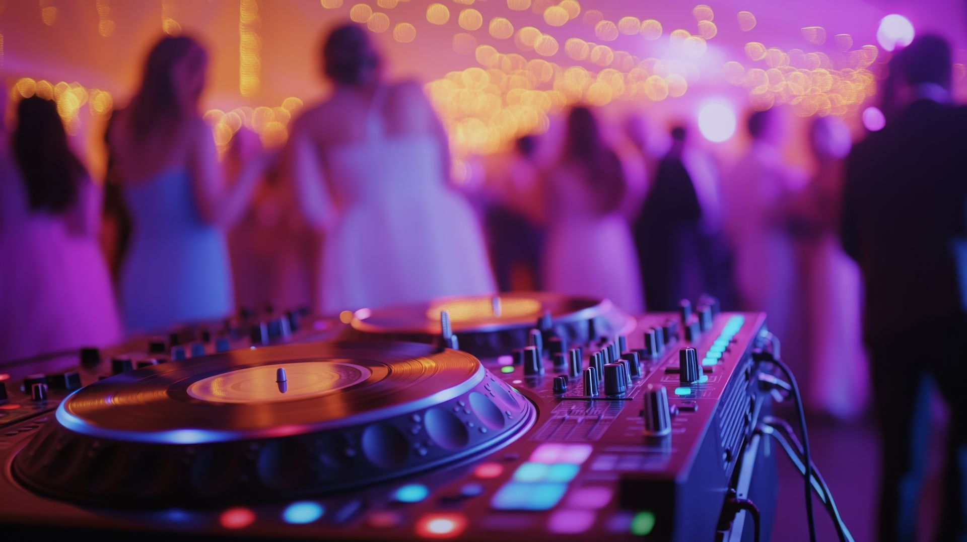 A dj is playing music at a party with people dancing in the background.