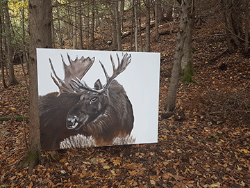 A painting of a moose is hanging on a tree in the woods.