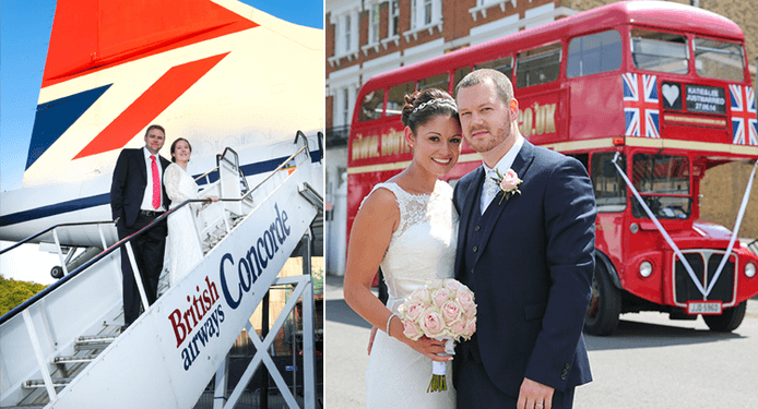 A bride and groom are posing for a picture next to a red double decker bus.