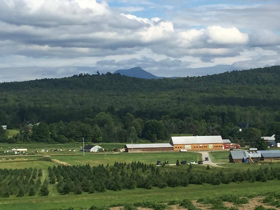 Scenic view of Isham Family Farm with barns, fields, and trees set before green mountains and bright blue skies.