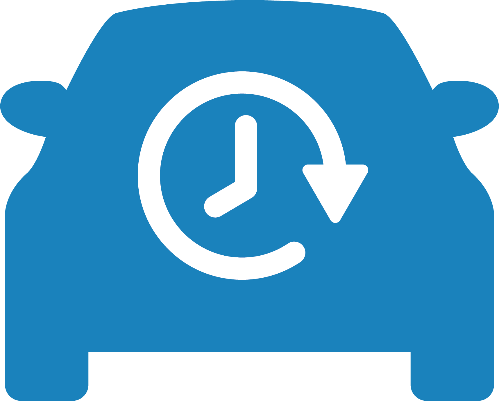 A blue car with a clock and an arrow around it.