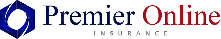 Premier Online Insurance logo with blue shield icon and navy-red text