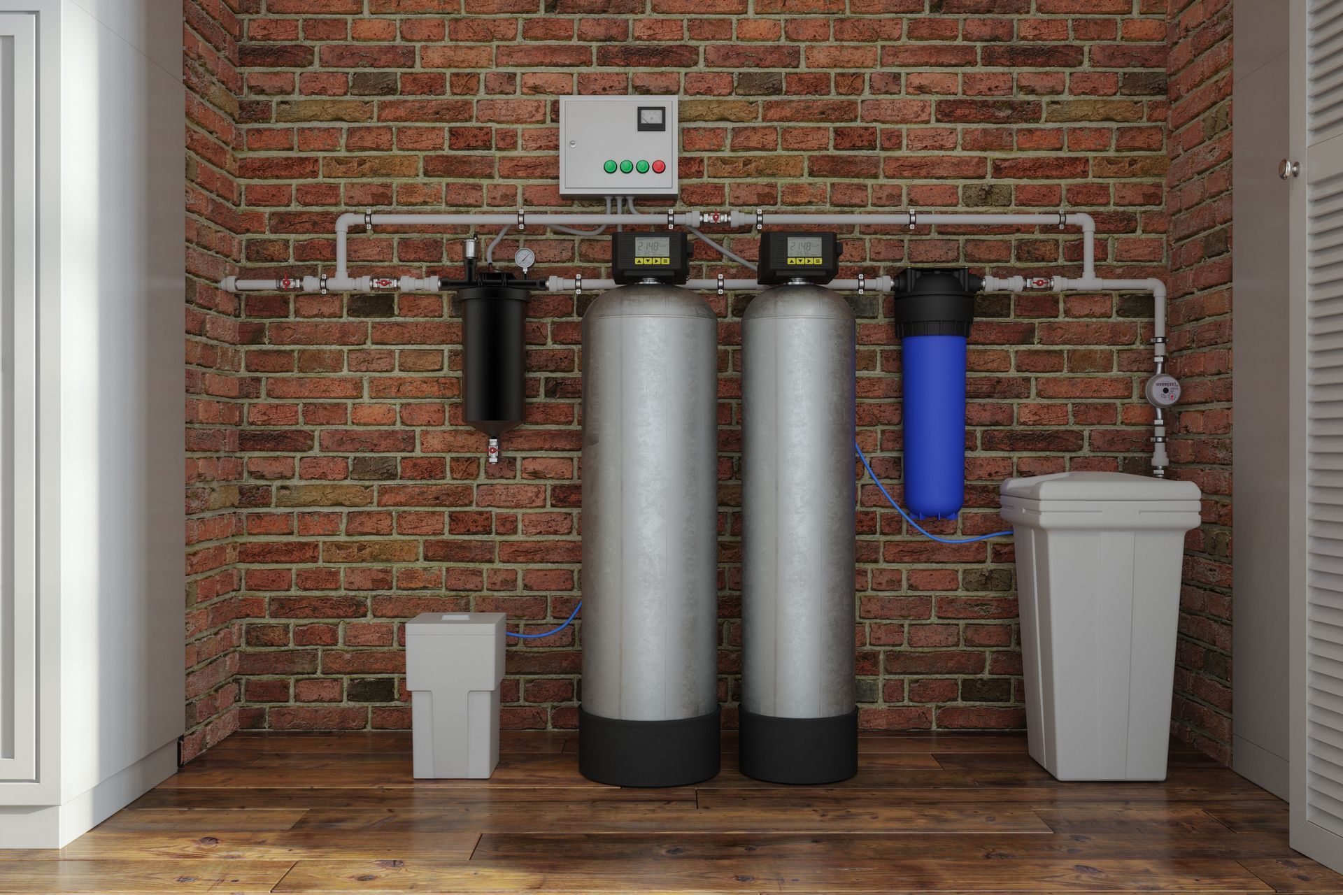 A water softener unit by a brick wall, highlighting effective residential water filtration solutions. A water softener unit by a brick wall, highlighting effective residential water filtration solutions.