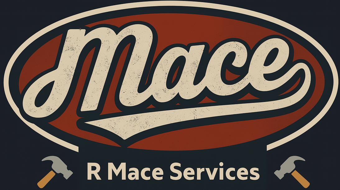Logo for R Mace Services: Cream-colored "Mace" with a red oval backdrop, hammers and text "R Mace Services".