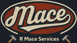 Logo for R Mace Services: Cream-colored "Mace" with a red oval backdrop, hammers and text "R Mace Services".
