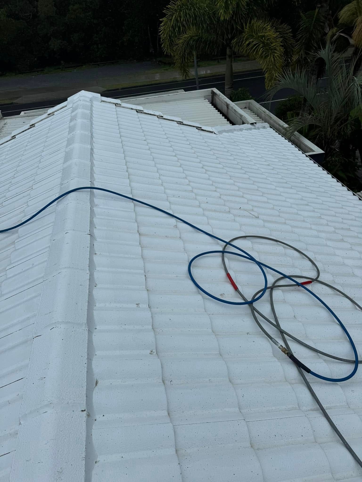 White tiled roof with a blue hose coiled on the surface, overlooking trees and a road.