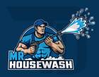 A muscular man in blue, holding a power washer, spraying water. Logo for 