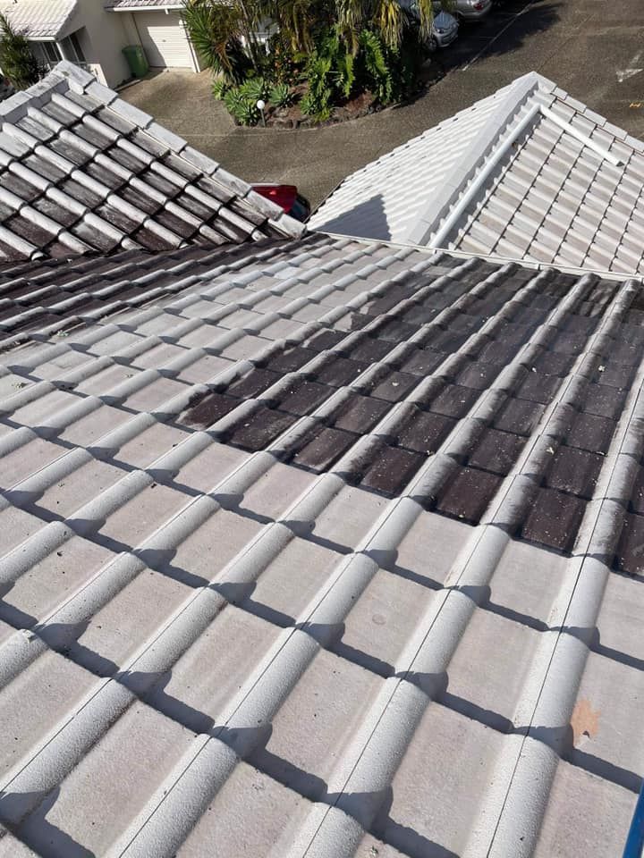 Concrete tile roof with black streaks from algae, sunlight, and a white, residential setting.