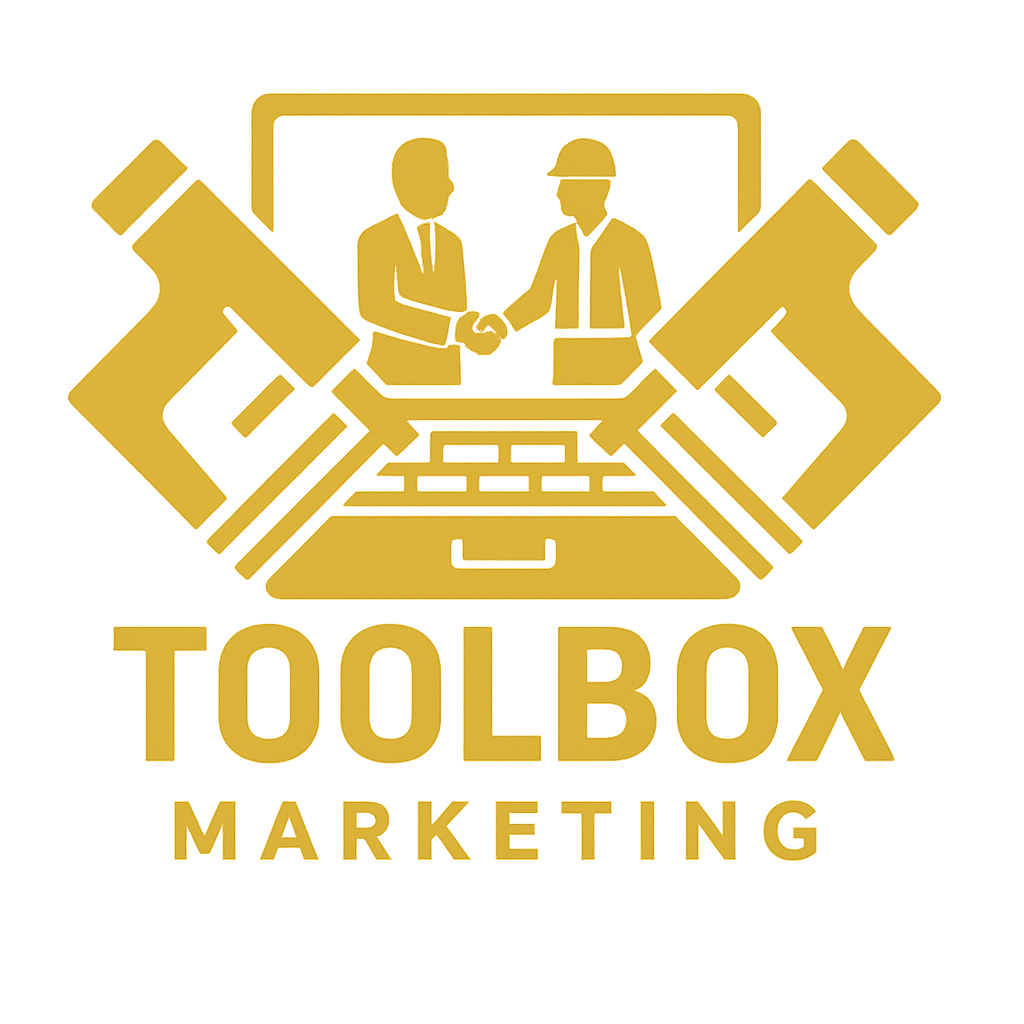 Golden Toolbox Marketing logo: Laptop with two figures shaking hands, flanked by two tool shapes.