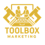 Golden Toolbox Marketing logo: Laptop with two figures shaking hands, flanked by two tool shapes.