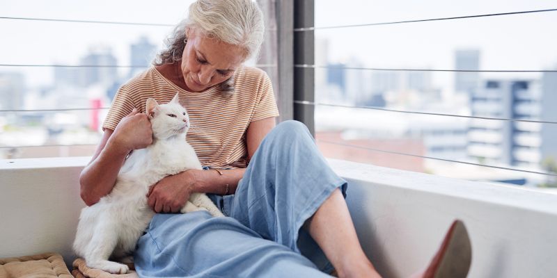 A woman is sitting on a balcony holding a white cat.