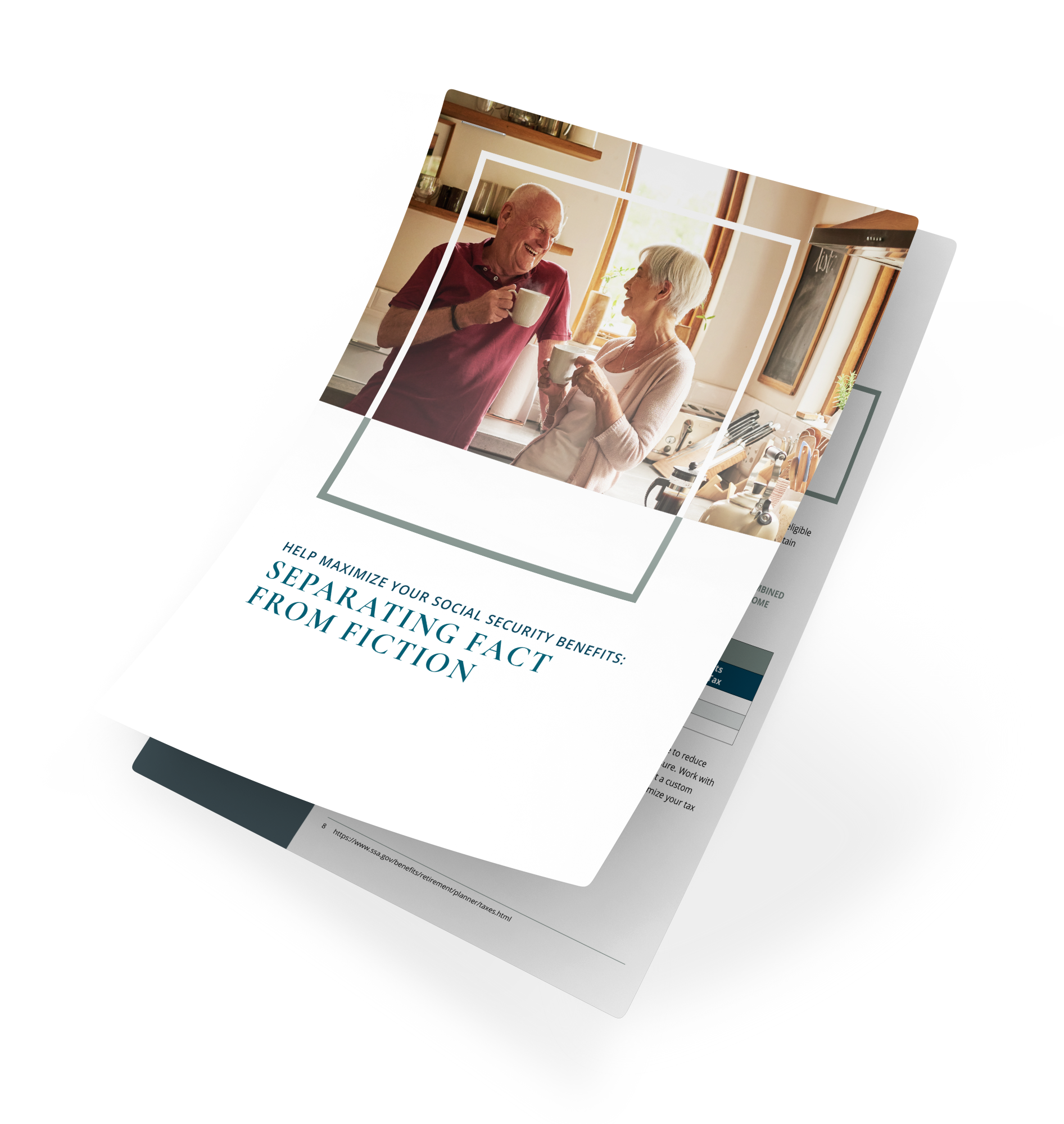 Stack of printed brochures with a photo of two people talking in a bright room on the cover