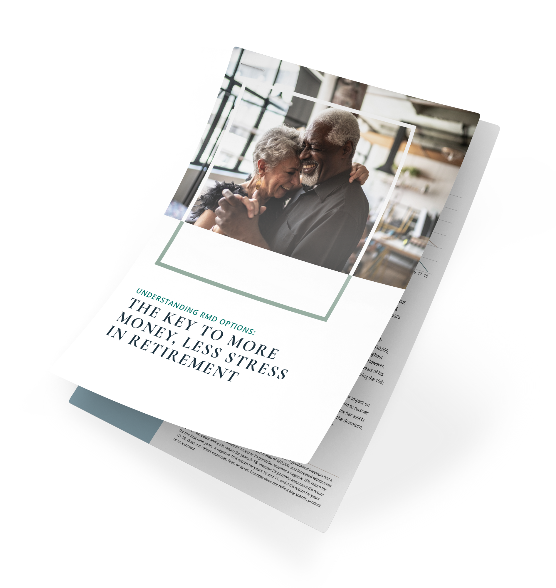A tilted brochure with a smiling couple on the cover and bold black text on white background