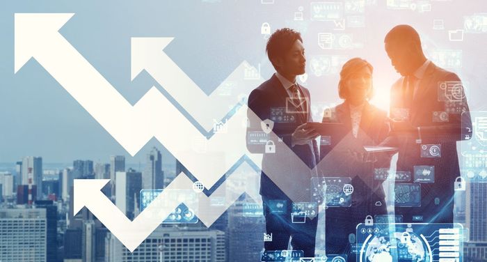 Three business people discussing, with an upward growth arrow overlaid against a city skyline.