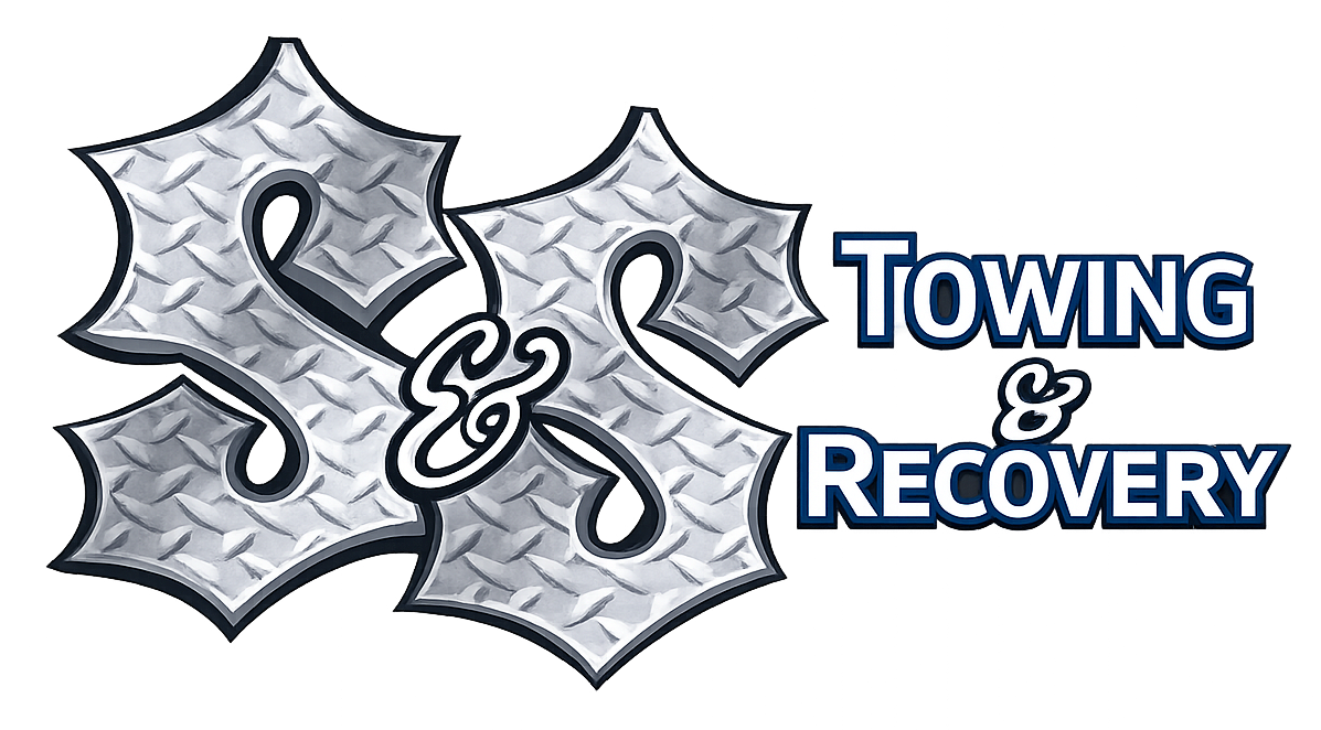 S&S Towing & Recovery logo with metallic silver letters and blue text on white background