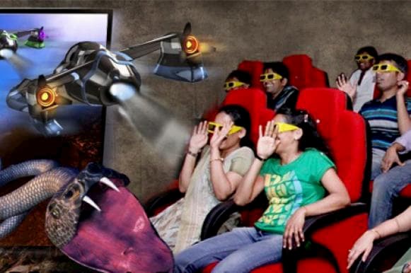 A group of people wearing 3d glasses are watching a movie