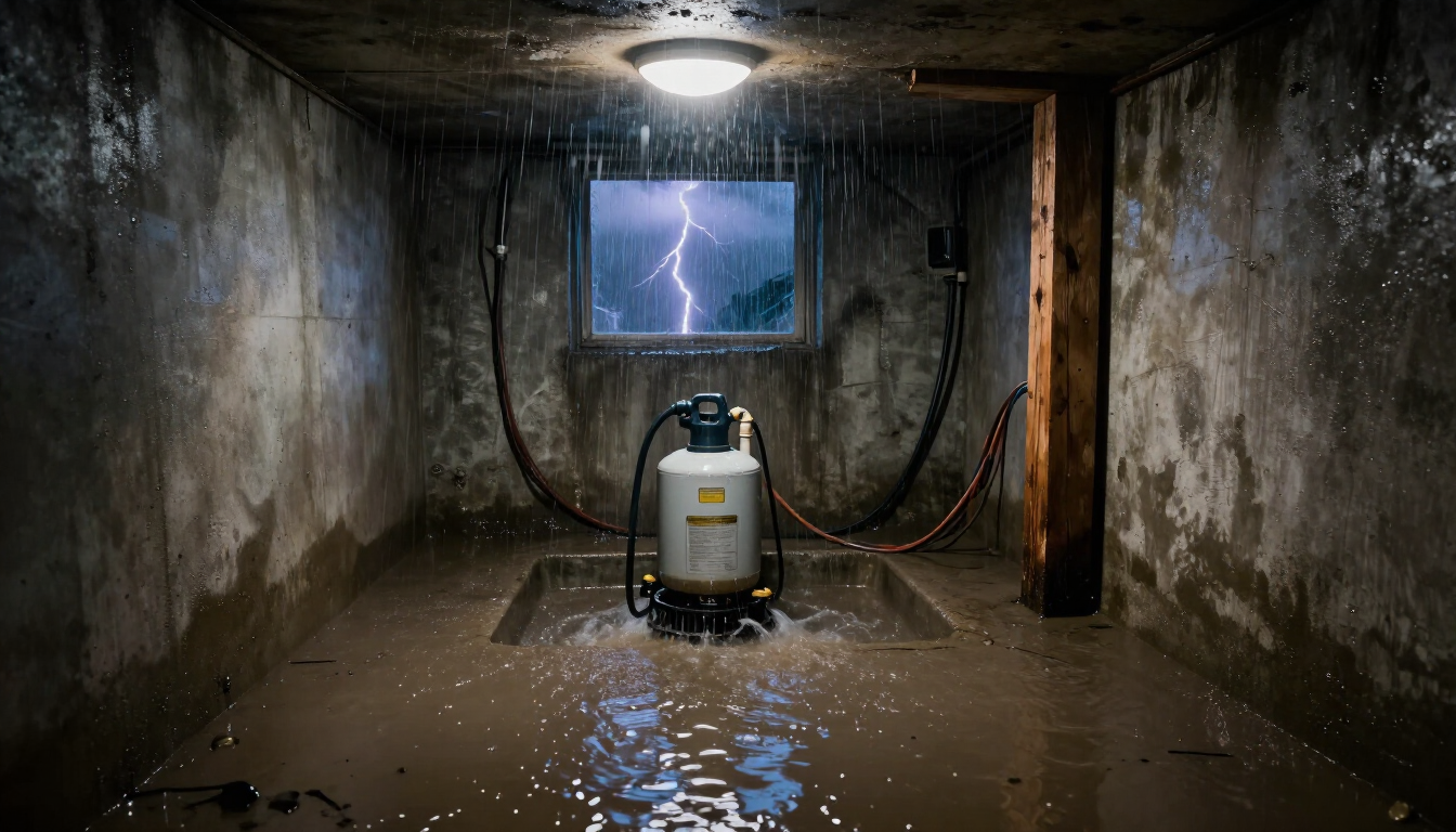 A failing sump pump in a flooded Michigan basement during a heavy rainstorm.