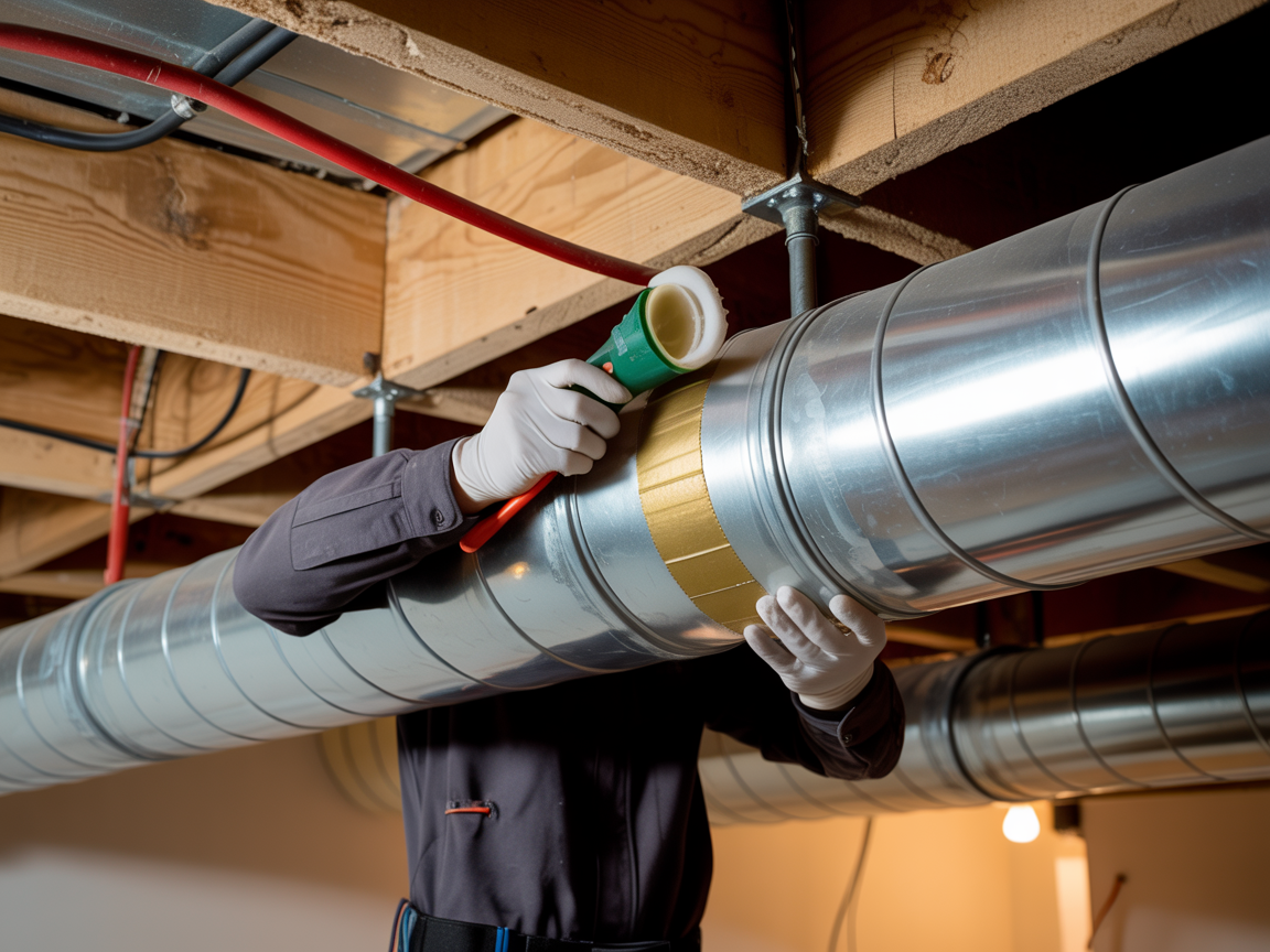 Person in a work uniform sealing a metal duct with a tool, under wooden ceiling beams.