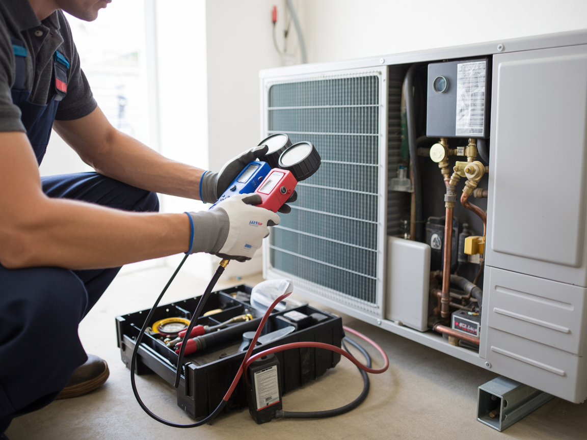 HVAC technician kneels, checking AC unit with gauges. Tools in open toolbox on floor.