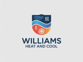 Logo for Williams Heat and Cool, featuring a shield with temperature and HVAC icons, blue and orange colors.