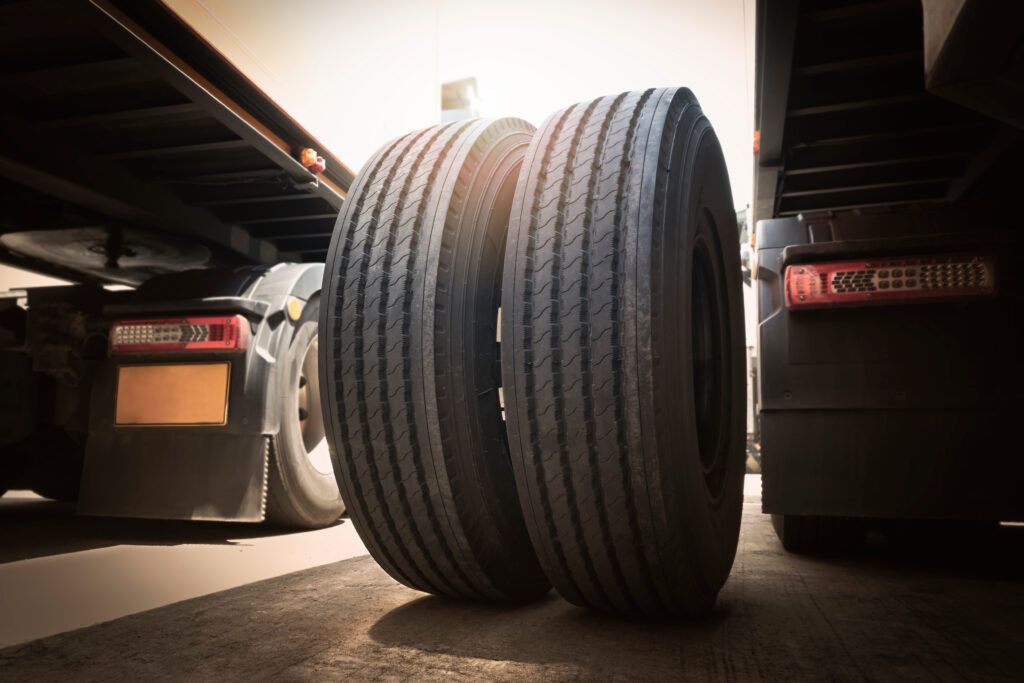 A close up of a tire being balanced on a machine.