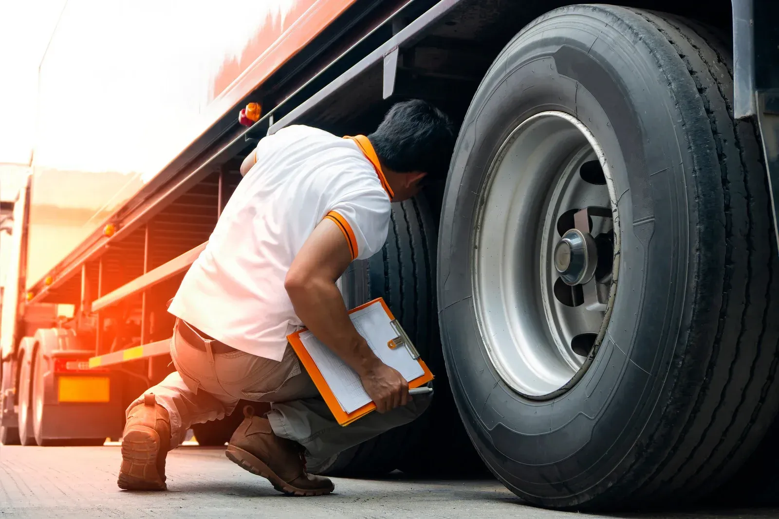 A man is changing a tire on a car in a garage.