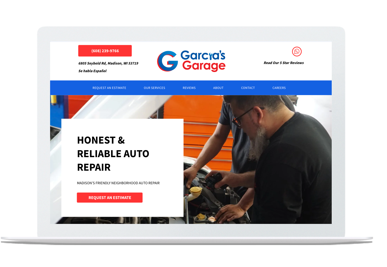 The website for garcia 's garage shows a man working on a car.