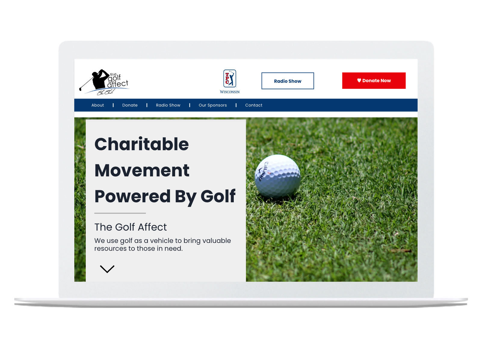 A laptop screen shows a charity movement powered by golf.