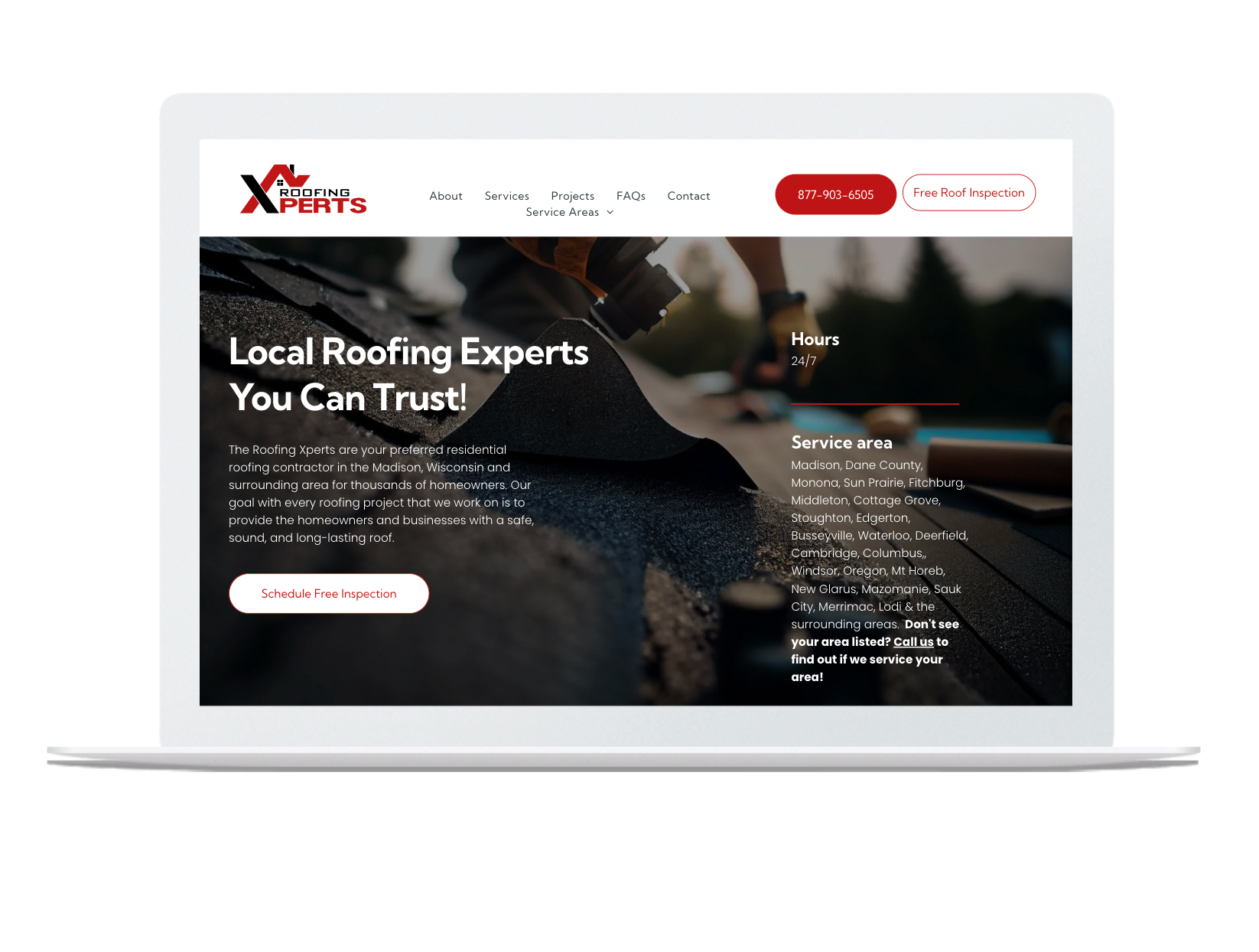 A laptop screen shows a website for local roofing experts