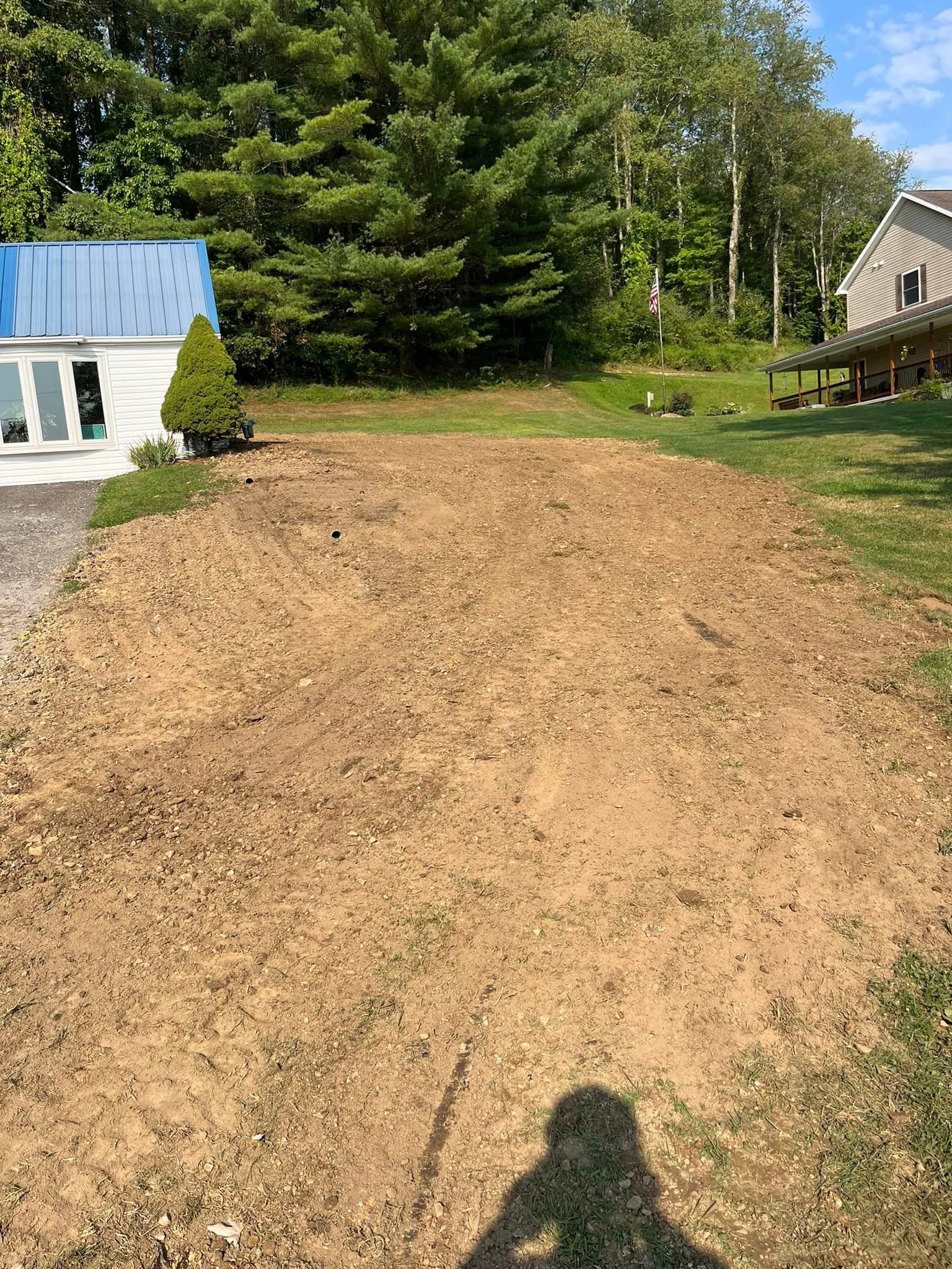 A dirt road leading to a house with trees in the background.