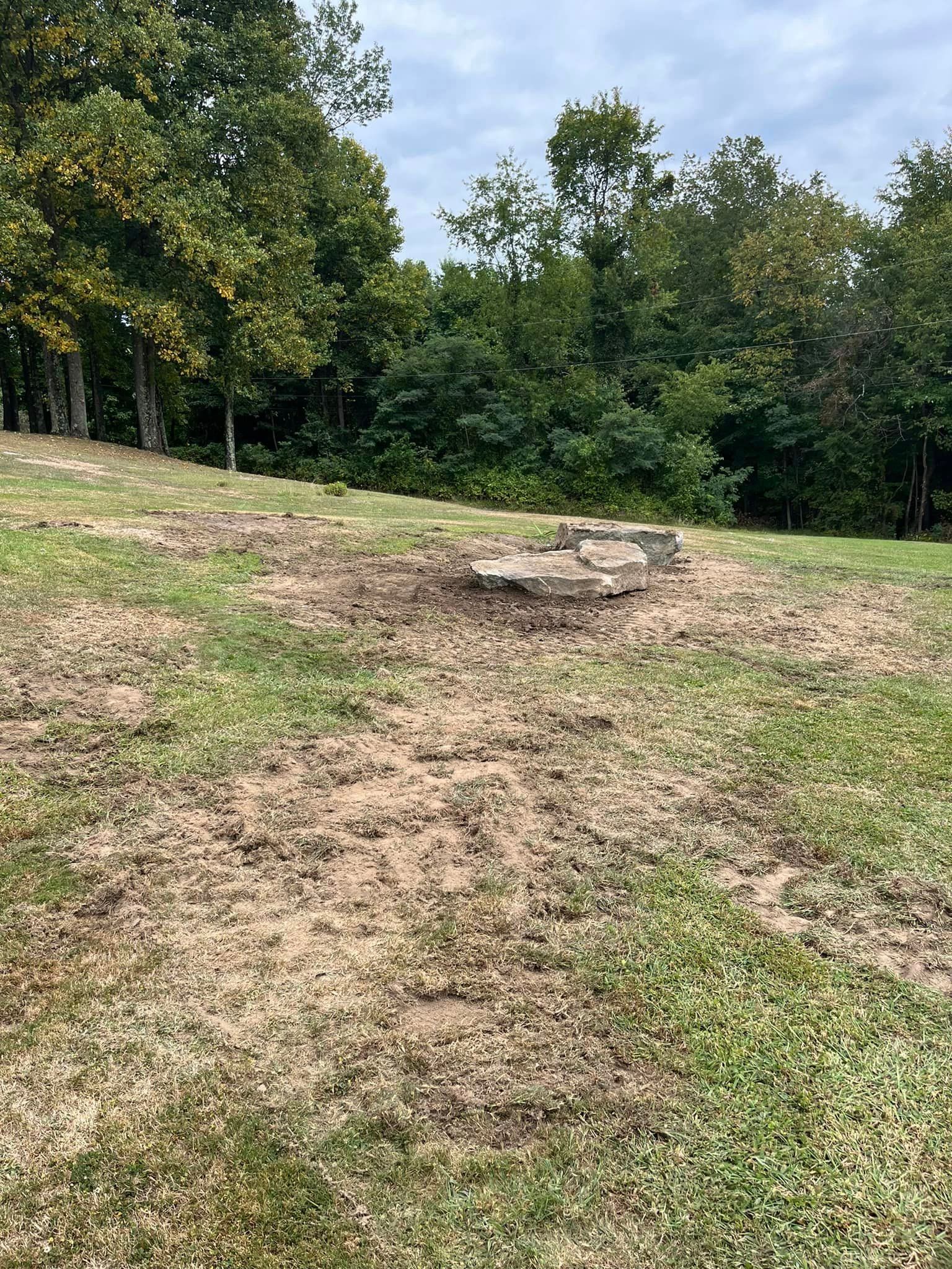 A large rock is sitting in the middle of a grassy field.