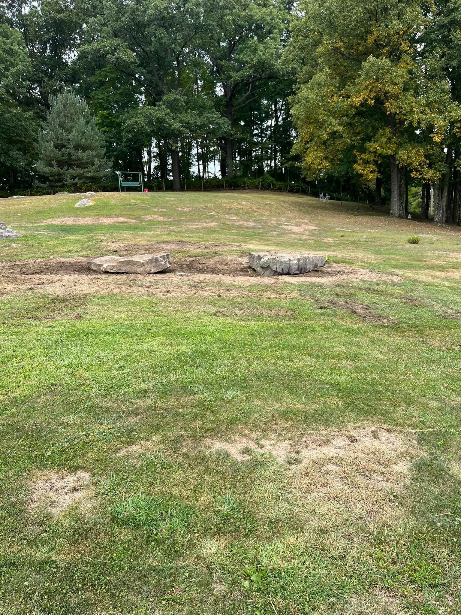 A large grassy field with trees in the background.