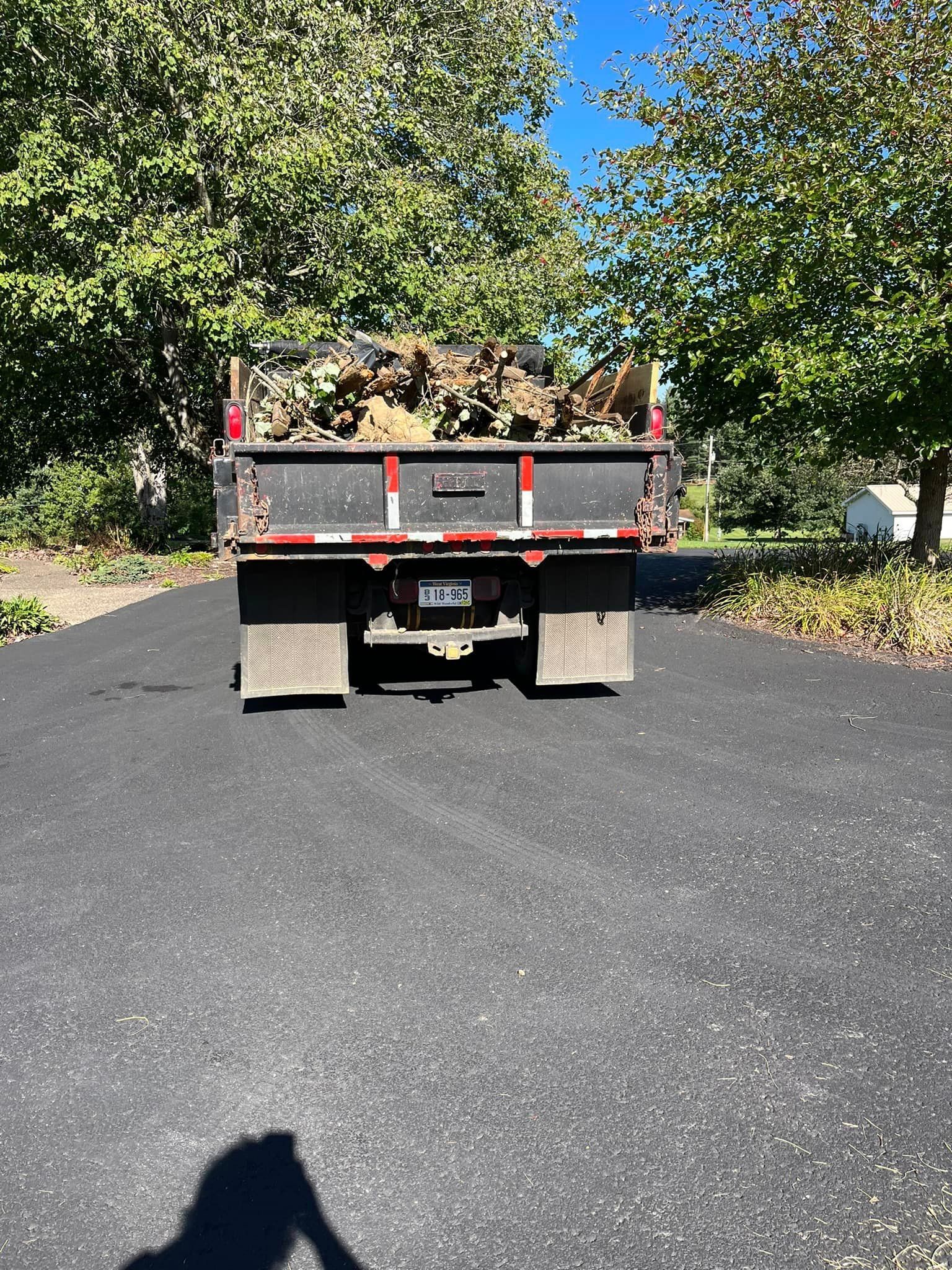 A dump truck filled with logs is parked in a driveway.