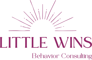 A logo for little wins behavior consulting with a sunburst in the background.