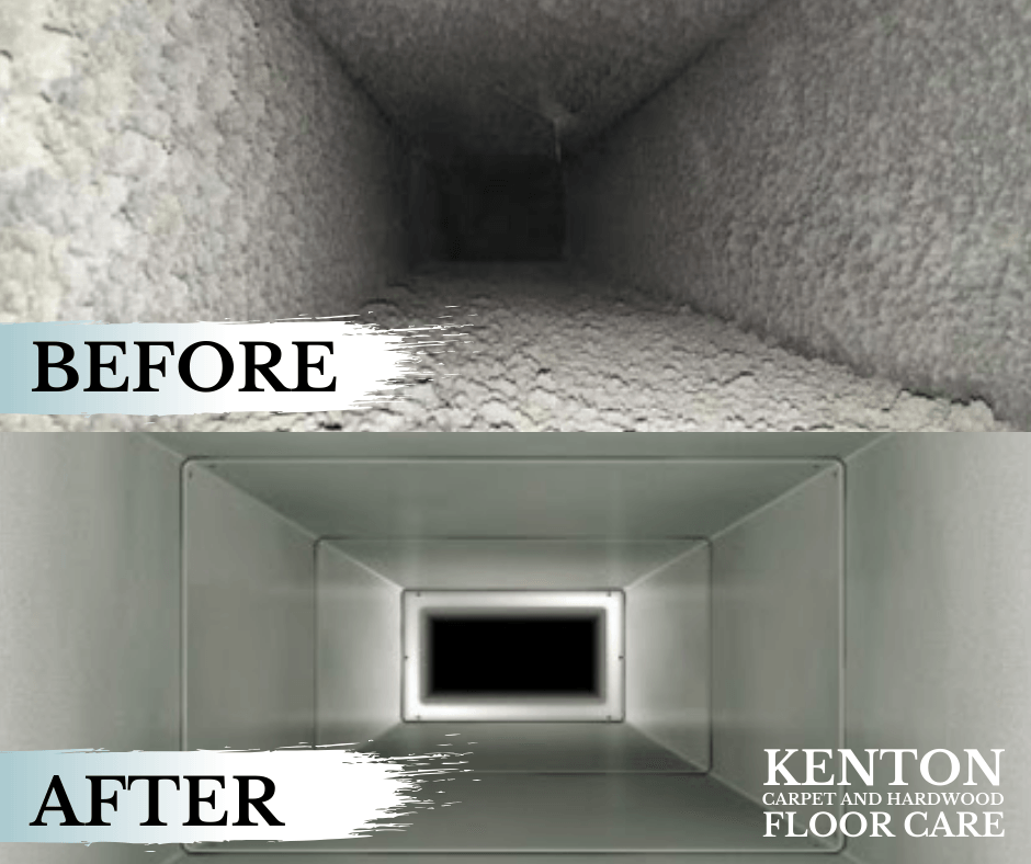 A duct in Marion, OH, before and after an HVAC duct cleaning