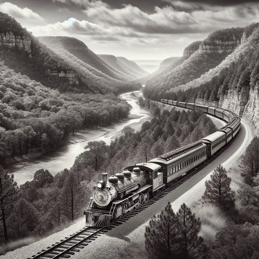 A black and white photo of a train going through a valley