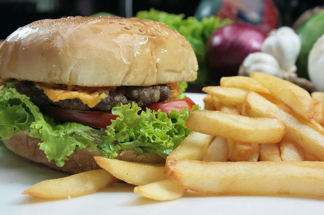 A hamburger and french fries are on a white plate.