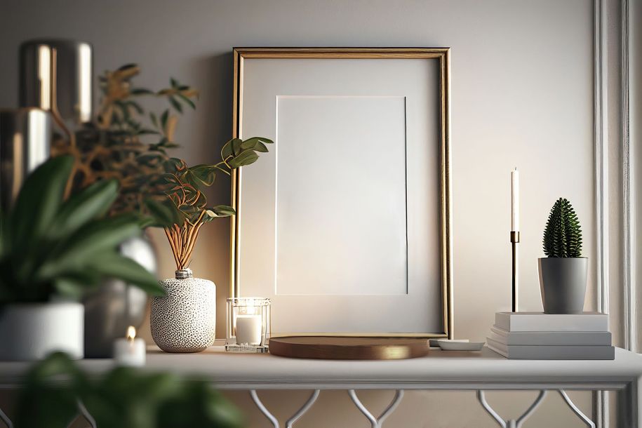 Minimalist shelf with framed art, candles, plants, and decorative vases on a white table.